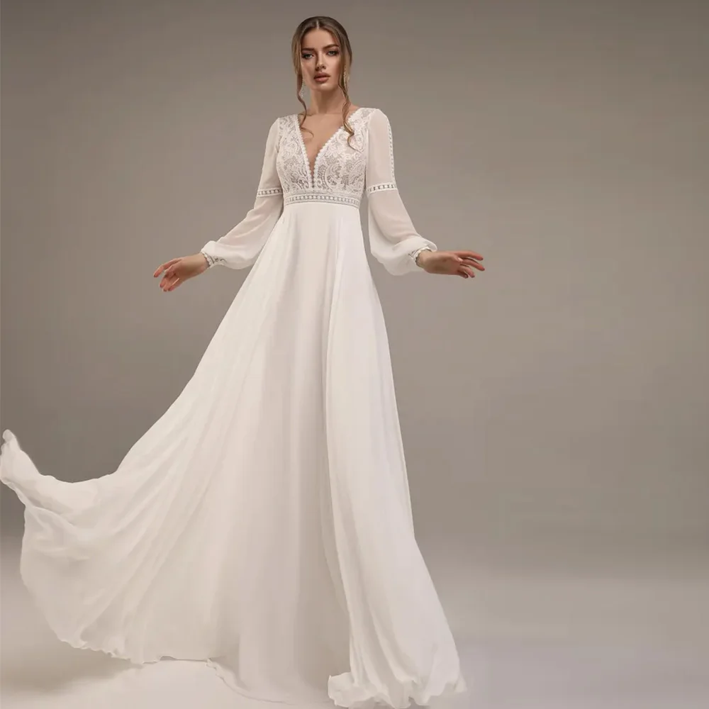 

Temperament Customized Chiffon Long Sleeves Bridal Gowns Sexy Deep V-neck Vestido De Novia Dreamy Appliques Lace Wedding Dress