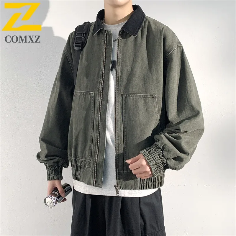 

COMXZ Men Washed Denim Jacket American Style Trendy Windproof Coat Hiking Turndown Collar Comfortable Autumn Motorcycle Jacket
