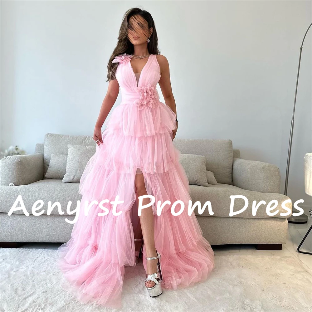 Aenyrst-Robes de Rhen tulle rose à col en V avec fleurs 3D, ligne A fendue, bretelles spaghetti, robe de soirée, quelle que soit la longueur au sol, robe de fête d'anniversaire