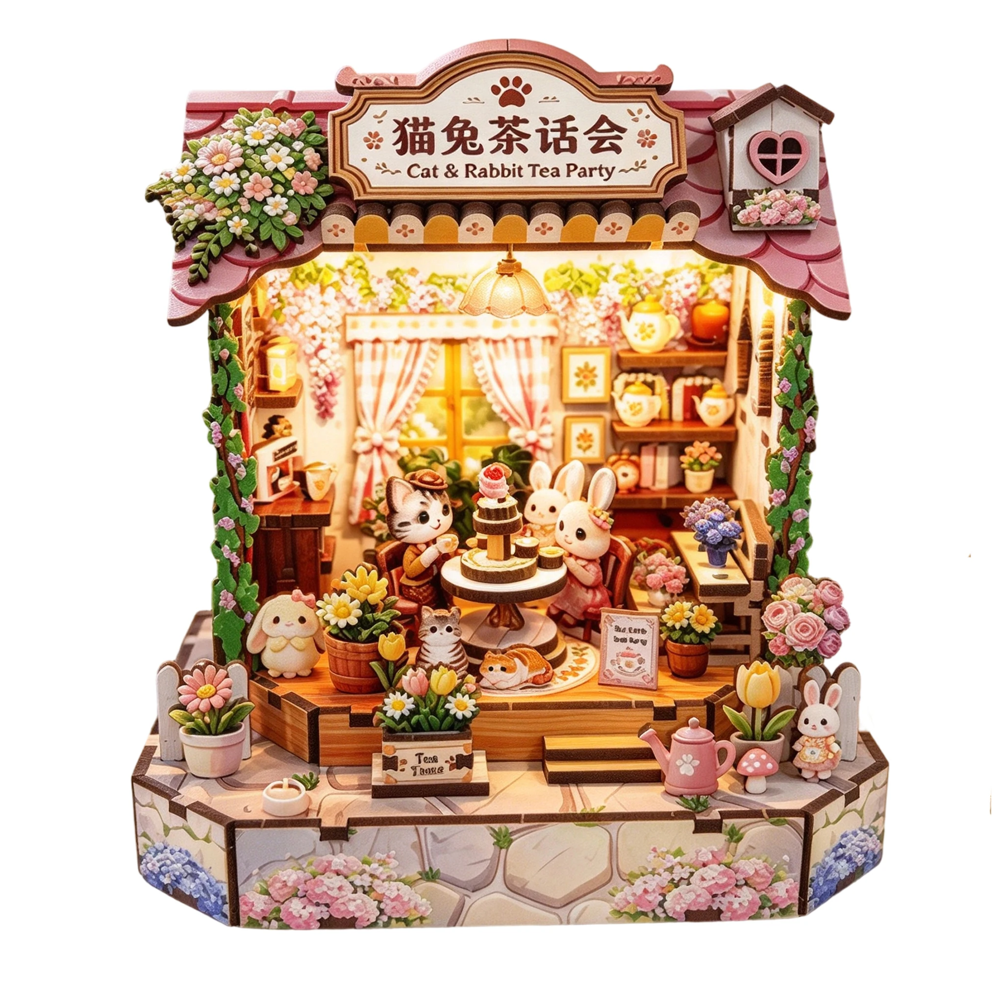 DIY Wooden Cat Rabbit Tea Party Cottage Miniature Model Kits With Furniture Puzzles Dollhouse for Friends Birthday Xmas Gifts