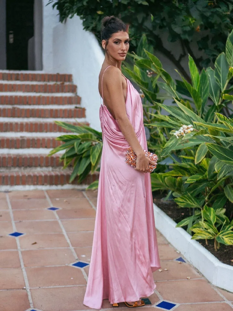 HH Abito longuette da donna elegante da festa Silhouette con scollo a V Design pieghettato Abiti da strada senza schienale Abiti da vacanza estivi da donna