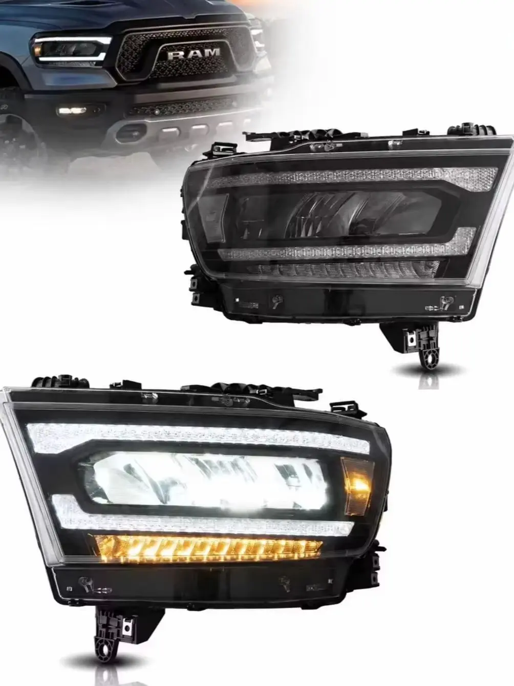 Wysokiej jakości, pełne reflektory LED do Dodge Ram 1500, 5. generacji, model DT, roczniki 2019–2023, czarna obudowa, sekwencyjne kierunkowskazy, światła drogowe i mijania, światła do jazdy dziennej — 2