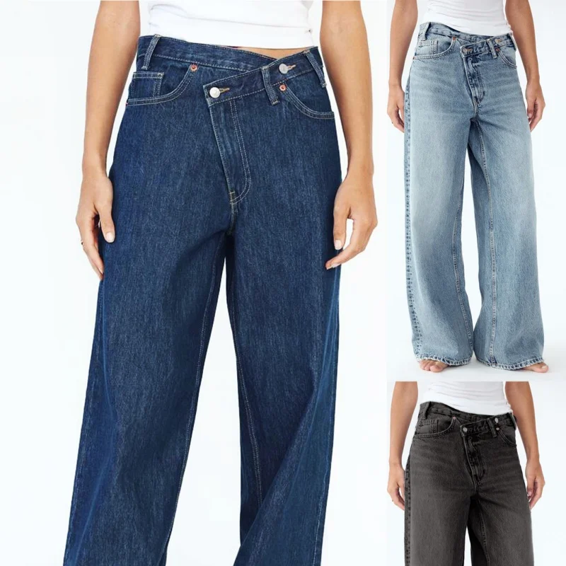 

Asymmetric Wide Leg Jeans Women's Loose Casual Vintage Sle Jeans Side Button Street Faion Long Trousers Autumn Season