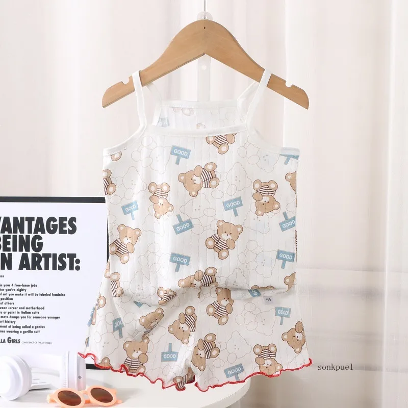 Kids Set Summer Thin Baby Tops+shorts Cotton Vest Sleeveless Cartoon Cute Loungewear Set for Girls Suit