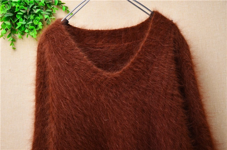 Female Women Fall Winter Clothing Striped Hairy Mink Cashmere Knitted Long Sleeves V-Neck Loose Pullover Angora Sweater Jumper