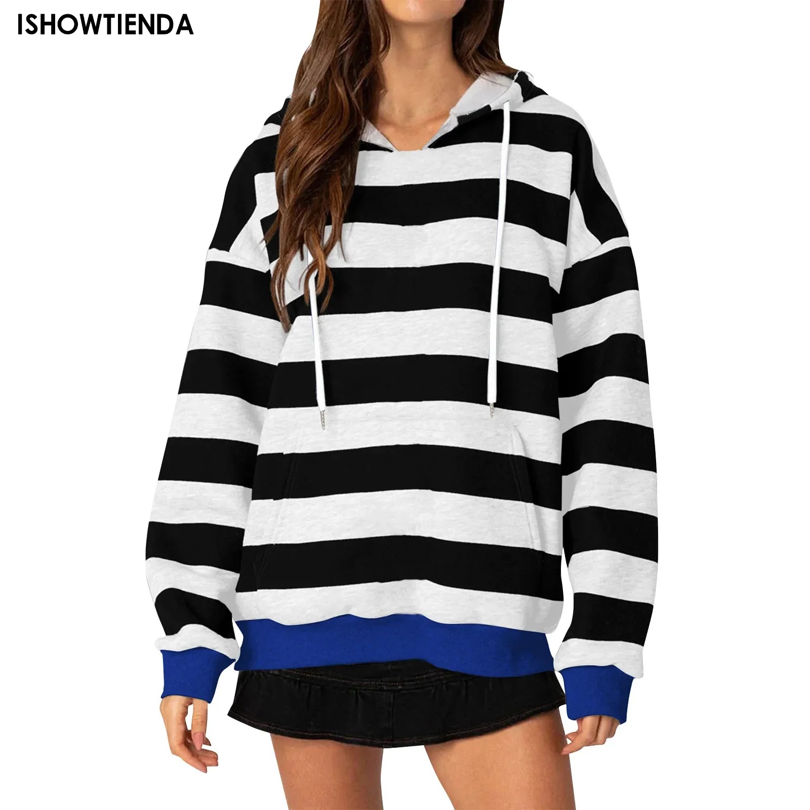 Women's Pullover Fashion Casual Stripe Print Hooded Long Sleeve Loose T Shirt Tops Long Sleeve Loose Drawstring Hooded Sweatshir