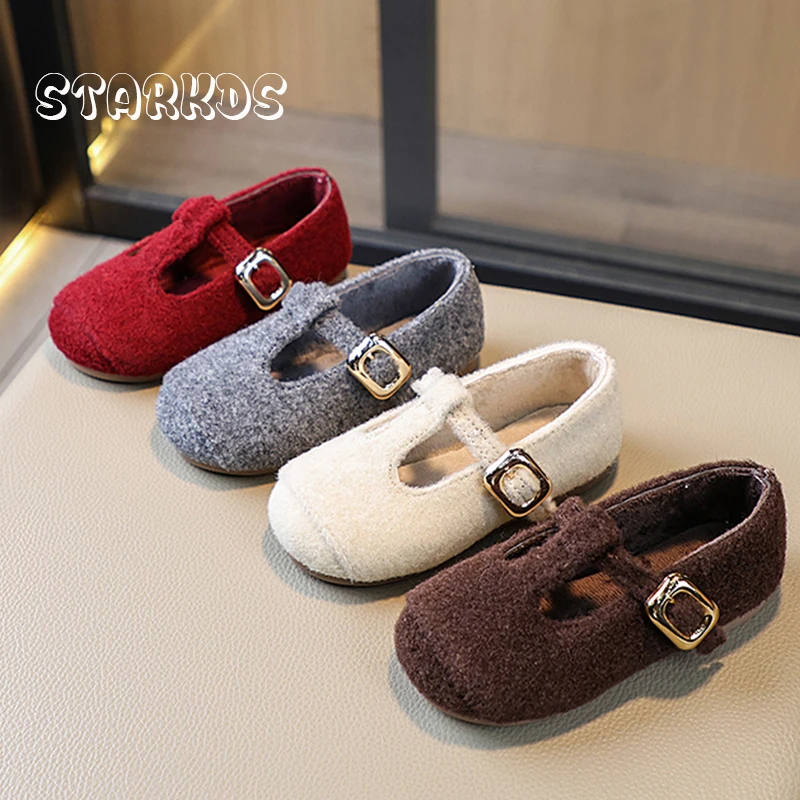 

Теплые короткие плюшевые балетки на плоской подошве для девочек, зимние винтажные флисовые фетровые туфли Мэри Джейн с Т-образной планкой, детское мягкое шерстяное платье Zapato