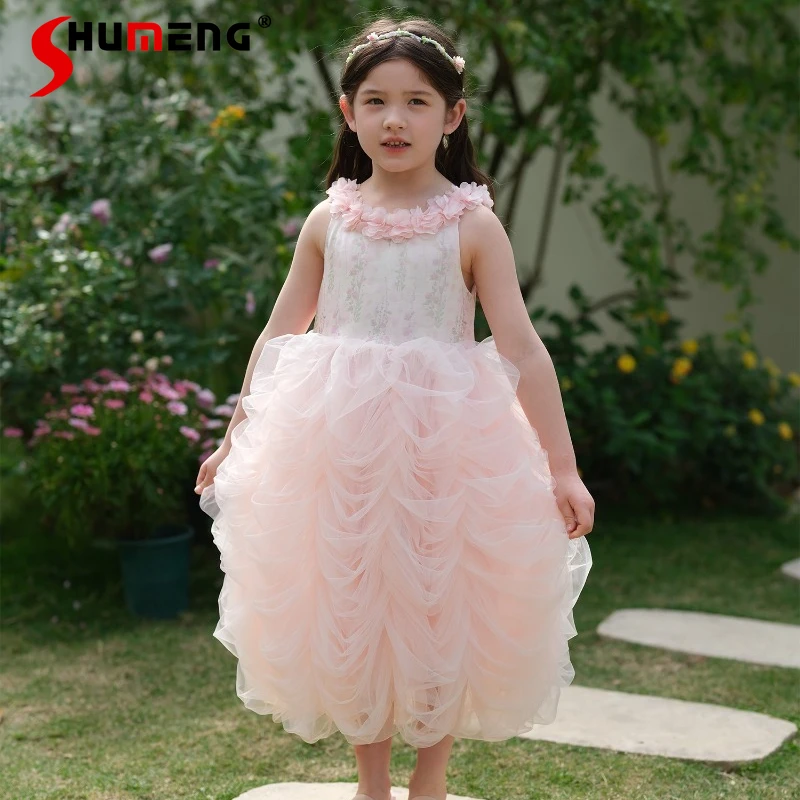 

Платье-халтер с цветочным воротником для девочек, розовое, в стиле масляной живописи, платье принцессы, детское весеннее вечернее платье на день рождения