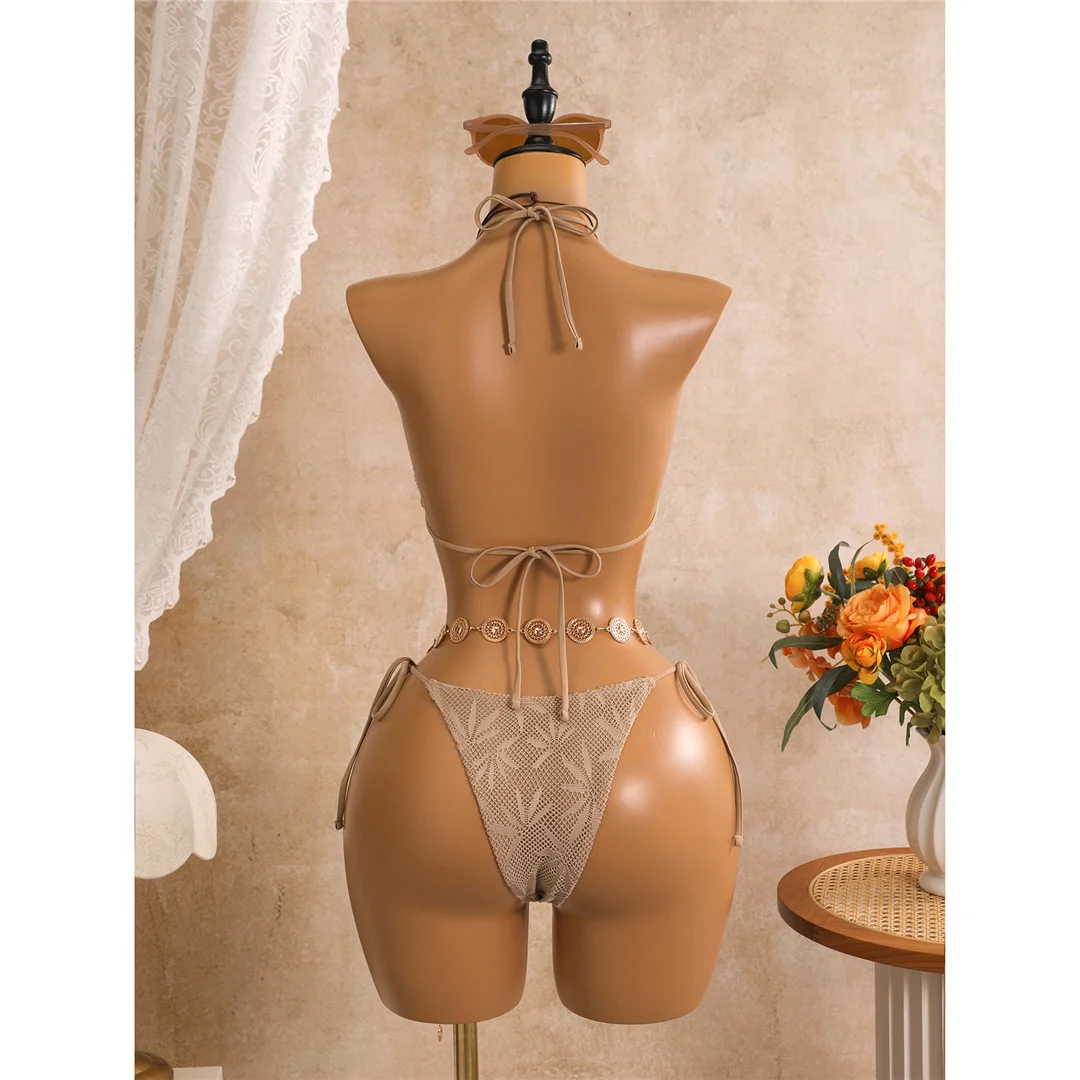 Mit Sarong-Blättern bedruckter Neckholder-Bikini, Damen-Badeanzug, dreiteiliges Bikini-Set, Badebekleidung, Badeanzug, Schwimmanzug V8367 – Detail 12