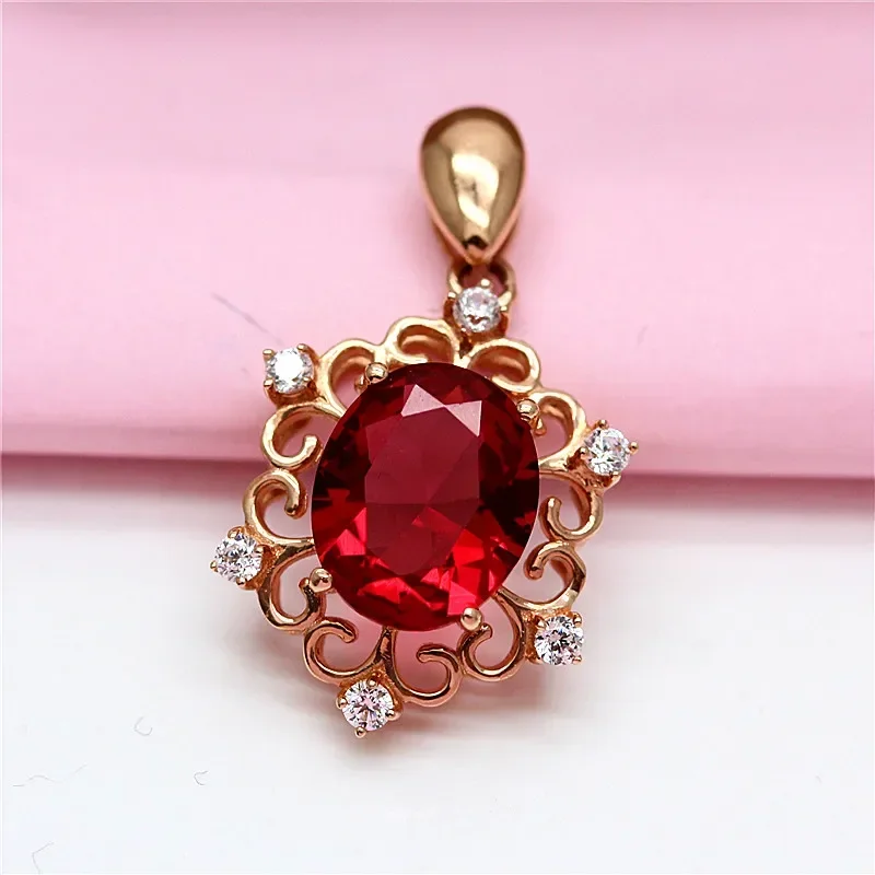 585 Purple Gold Inlaid Ruby Pendant Court Style Plated 14K Rose Gold High-end Elegant Openwork Design Wedding Jewelry for Women