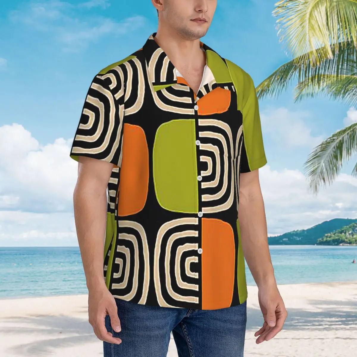 

Half Concentric Circle Pattern Black Orange Green And Beig Hawaiian Shirts Men Short Sleeve Shirt Summer Beach Men's Button Tops
