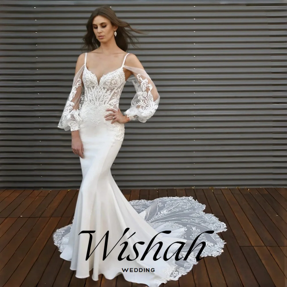 Wishah Customized Weeding Dress Deep-V-neck Spaghetti Strap Long Sleeve Elegant Bridal Gown Applique Lace Mermaid Long Sexy 2027