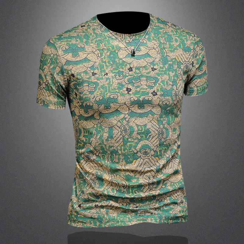 Summer Retro Short Sleeved T-shirt for Men Fashion Print Round Neck Casual T-shirts Ice Silk Breathable Slim Business Social Tee