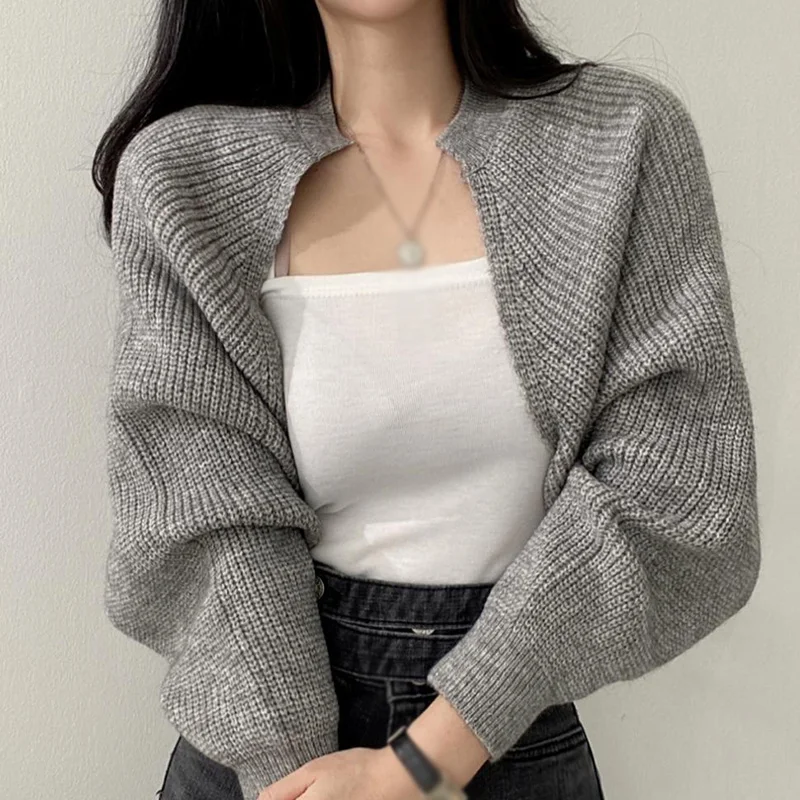 Women's Knitted Cardigan Shawl Bishop Sleeve Sweater Solid Color Elegant Loose Fitting Outwear All-Match Lazy Style Autumn