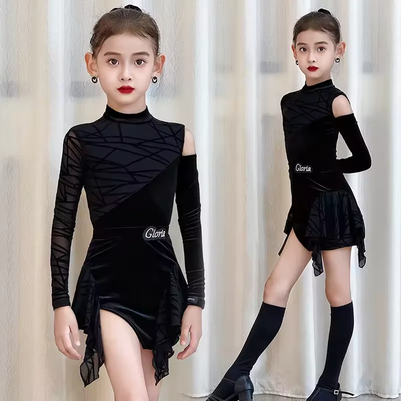 

Latin Dance Dress For Girls Competition Clothing Rumba Tango ChaCha Performance Wear Black Velvet Dance Suit Bodysuit Skirt