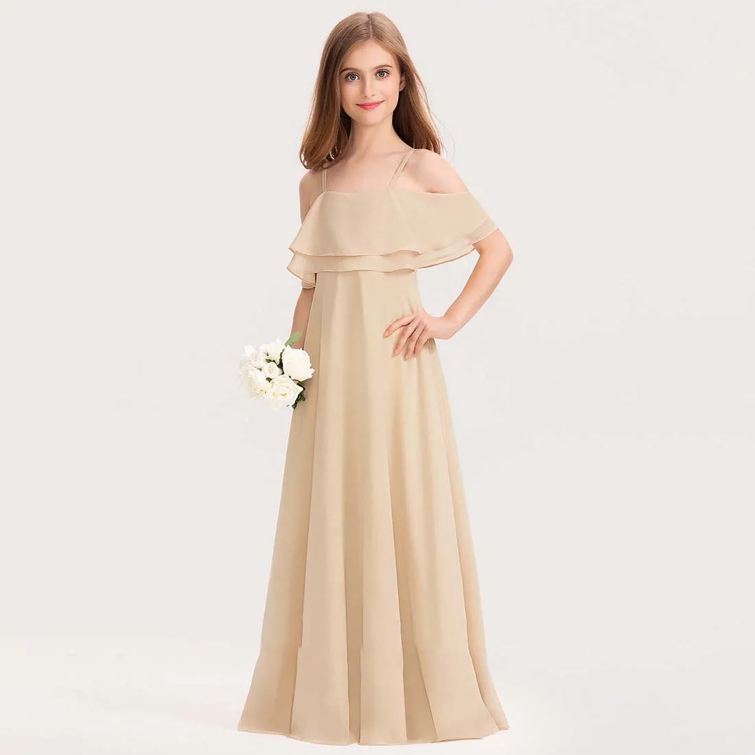 YZYmanualroom Chiffon Junior Bridesmaid Dress With Cascading Ruffles A-line Cold Shoulder Floor-Length 2-15T