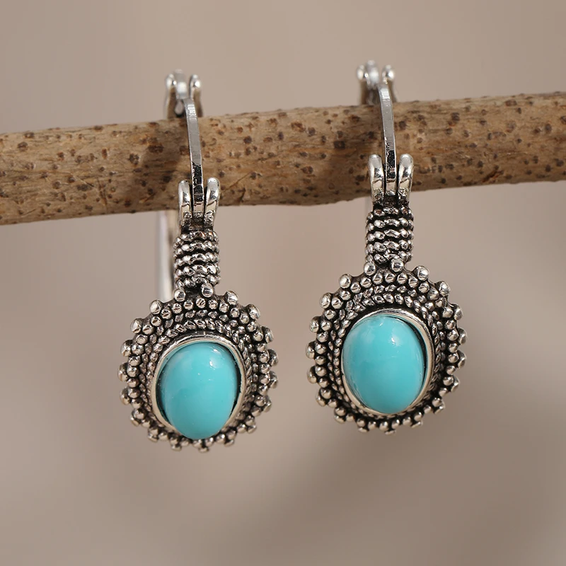 Pendientes Colgantes Vintage con Incrustaciones Geométricas de Turquesa Sintética para Mujer, Estilo Étnico, Accesorio de Joyería para Banquetes