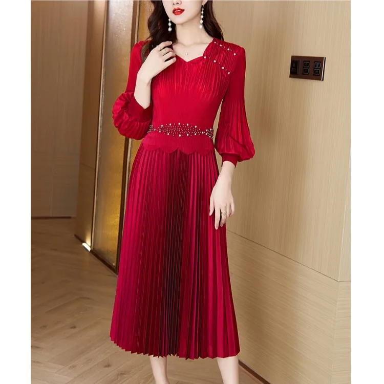 

Heavy Embellied Folded Dr V-Ne High Waist Lantern Sve Bell Bot Skirt Polyester Fiber Spring Autumn Casual Sle