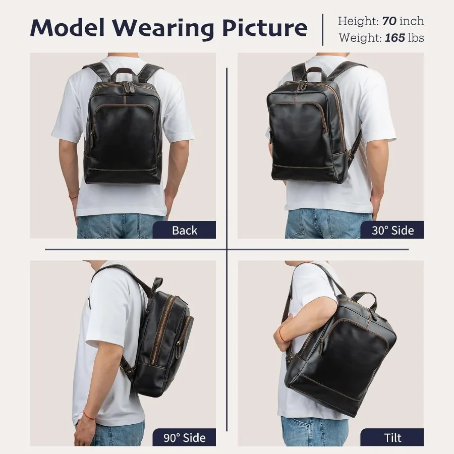 حقيبة ظهر جلدية للرجال مقاس 15.6 بوصة حقيبة ظهر للكمبيوتر المحمول 100% مدغشقر حقيبة ظهر من الجلد المحبب باللون الأسود مقاس متوسط #2