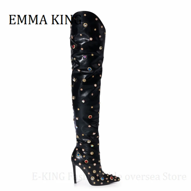 Women Rhinestone Thigh High Boots Sexy Pointed Toe Stilettos Over The Knee Boots Ladies Luxurious Dress Shoes Botas De Mujer