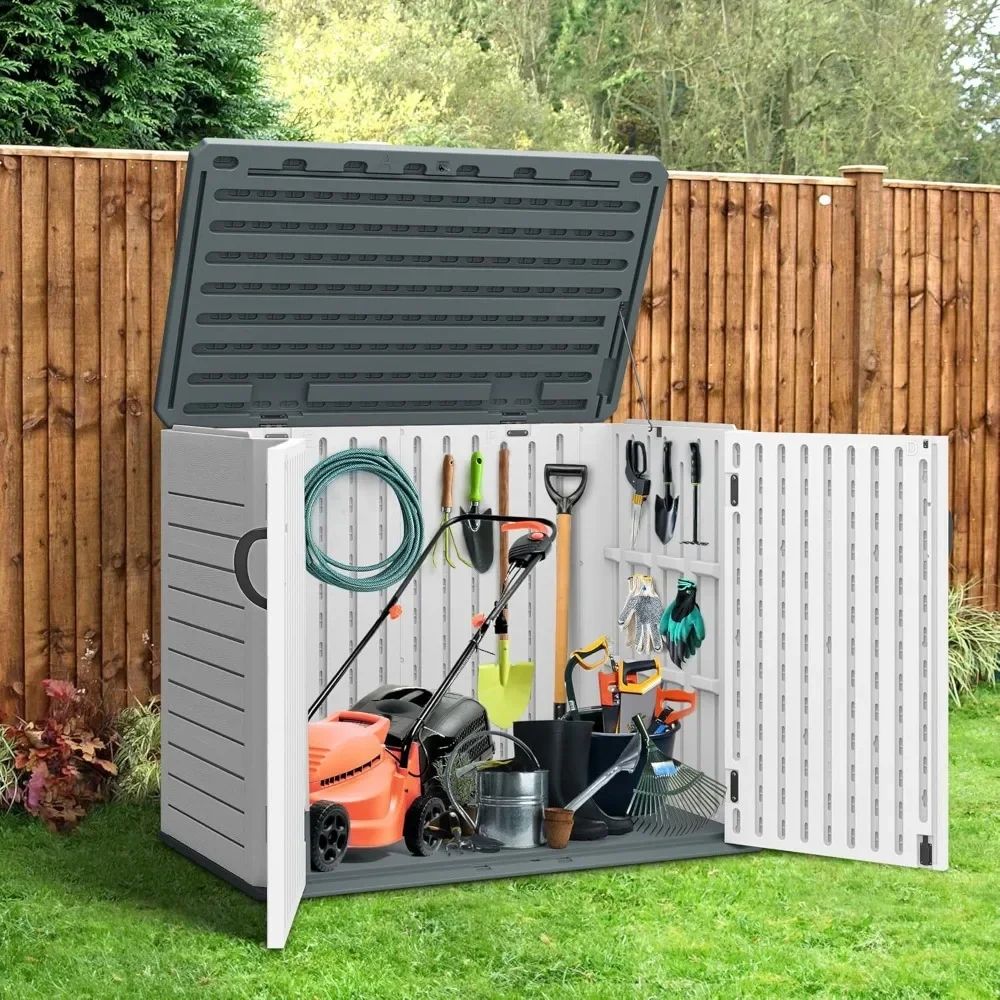 

Outdoor Horizontal Storage Shed with X-Shaped Lockable Door, 35 Cu Ft Weather Resistant Resin Tool Shed w/o Shelf, Ideal for Bi