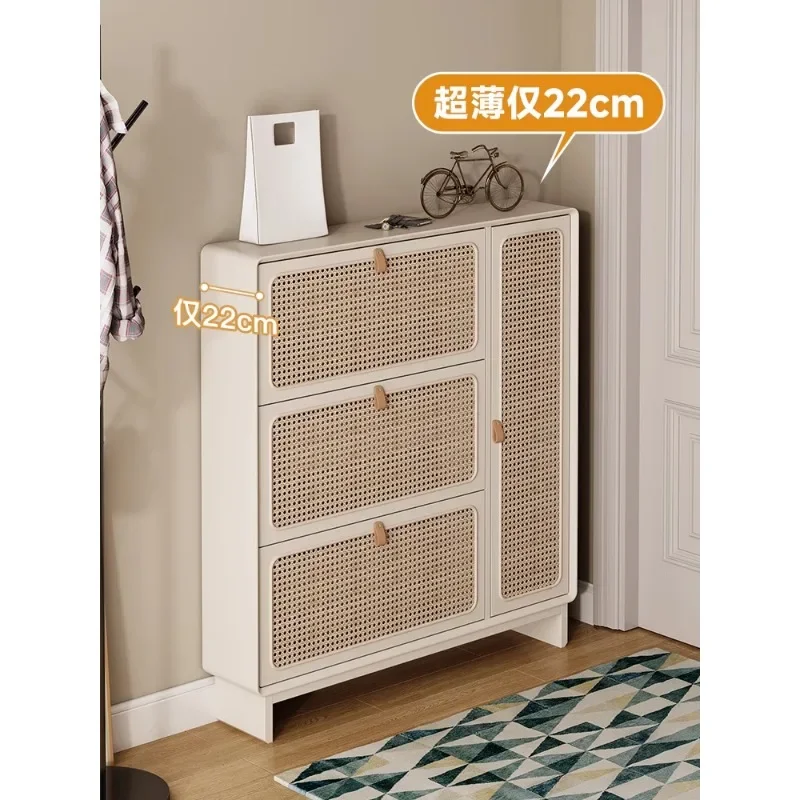 Ultra-thin solid wood shoe cabinet Tipping bucket rattan shoe cabinet against the wall at the entrance of the house Thin cream