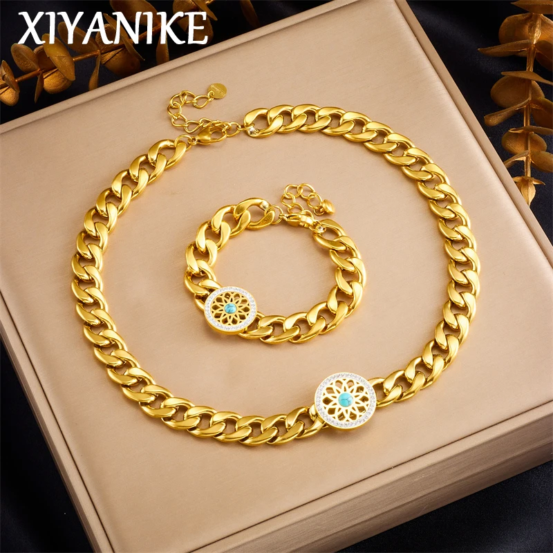 XIYANIKE 316L Stainless Steel Round Blue Stone Bracelet Necklace For Women Fashion Gold Color Thick Chain Jewelry Set Gift Party