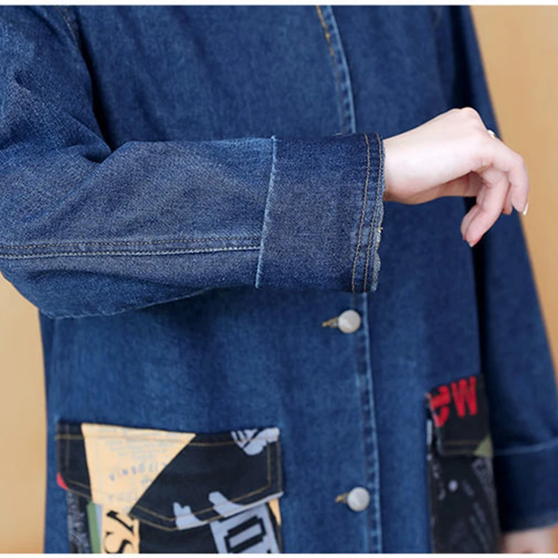 Spring Autumn New Vintage Hooded Jeans Jacket Women Long Sleeve Print Casual Loose Windbreaker Streetwear Denim Coat Female T342