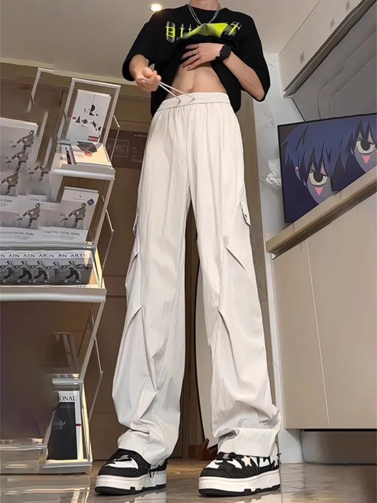 

ay White Ice Silk Qui Dry Men's Work Trousers Straight Leg Thin Summer Pants Folded Paratrooper Pants Casual Leisure Sle