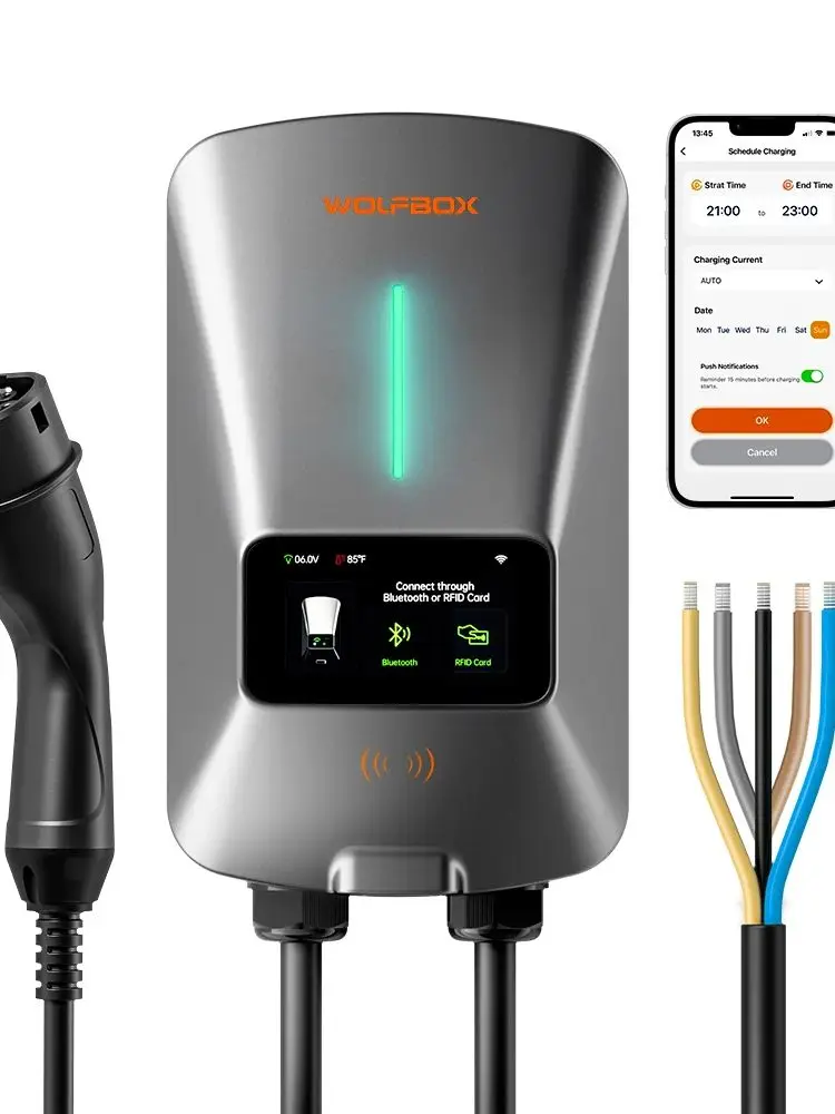 WOLFBOX EV-Ladestation Typ 2 22 kW 32 A 1 Phase Elektrofahrzeug-Autoladegerät Wallbox mit LCD-Bildschirm APP-Steuerung RFID-Karte