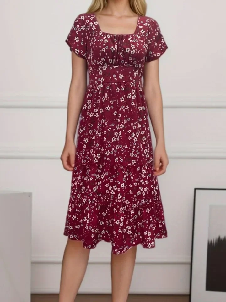 Women's Print Dress Fashion Boho Holiday Beach Dresses Lady Casual Short Sleeve Square Collar Long Dresses For Women Summer New