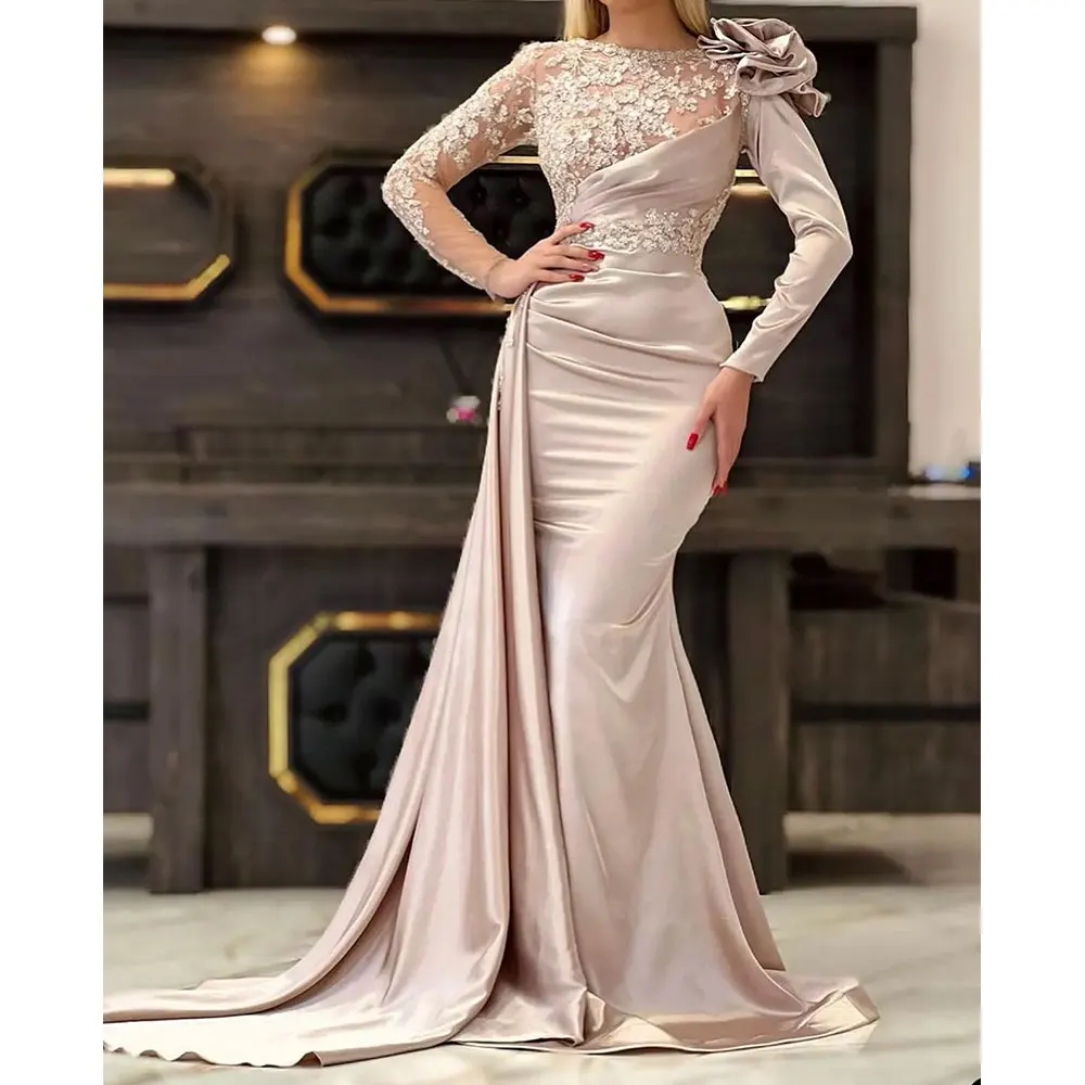 

Arabic Dubai Satin Evening Dresses Lace 3D Shoulder Flower Pleat Formal Crystal Beaded Jewel Neck Mermaid Long Sleeves Prom Gown