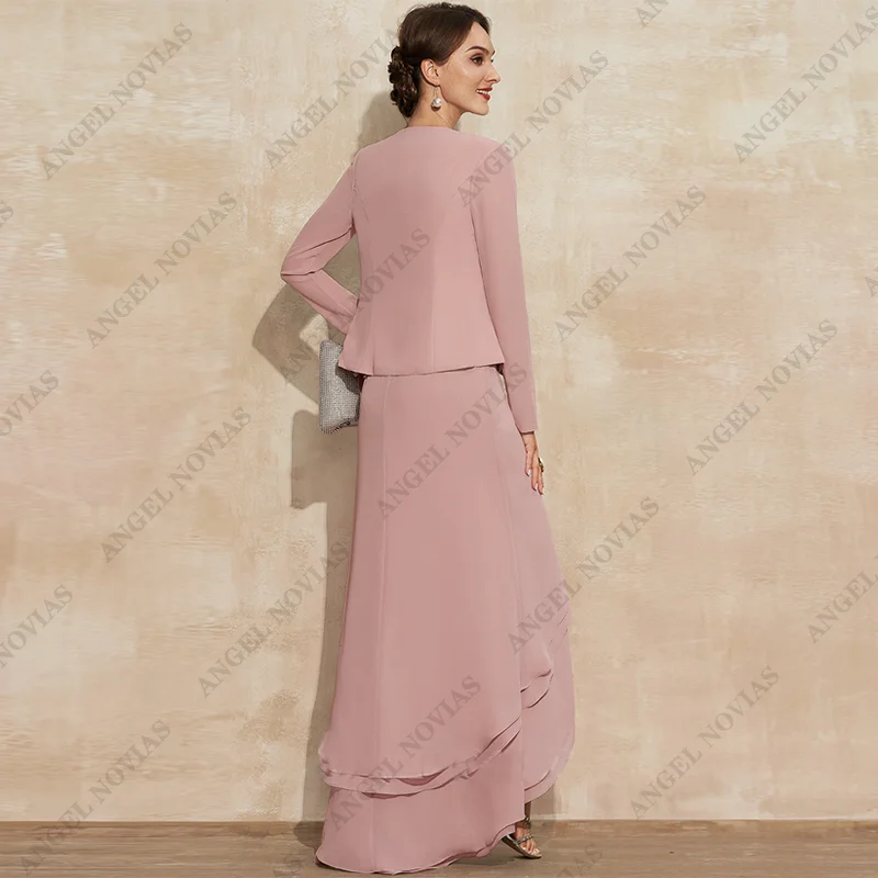 Customized High Low Dusty Rose Tiered Layers Chiffon Mother of Bride Dresses with Jacket vestidos de fiestas elegantes mujer