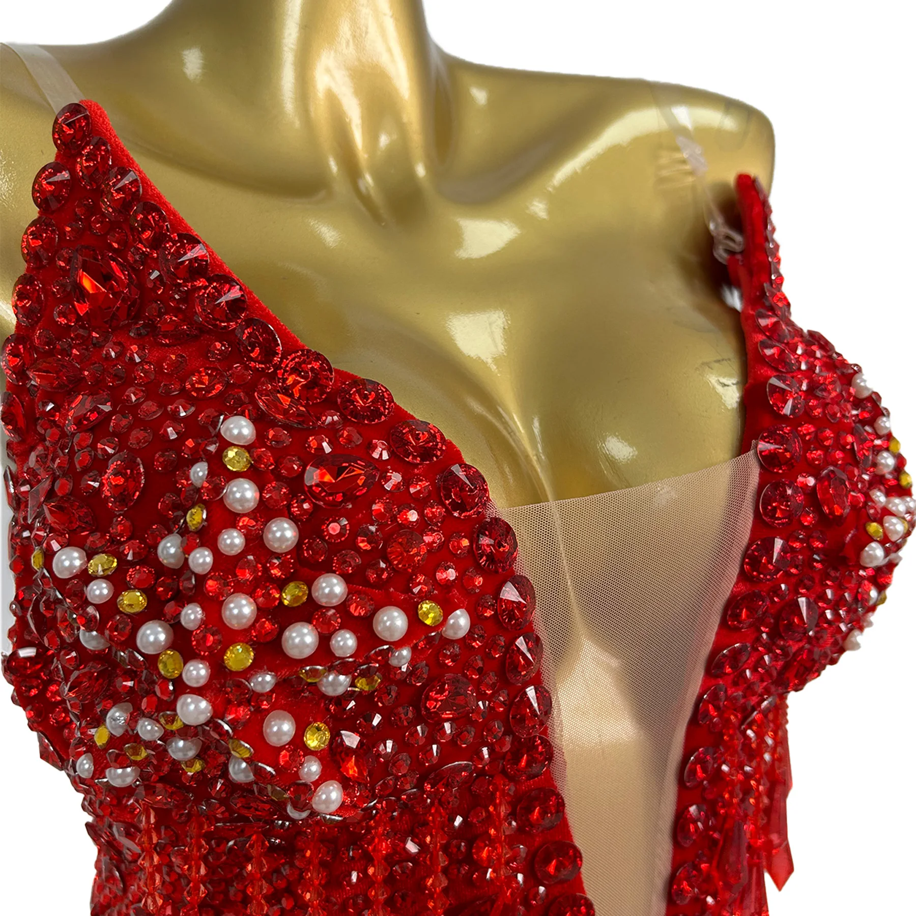 Qianwan مثير المرأة الفاخرة مرحلة الأداء زي الأحمر حجر الراين اللؤلؤ الخامس الرقبة بذلة مع قفازات قبعة 3 قطعة فساتين حفلات