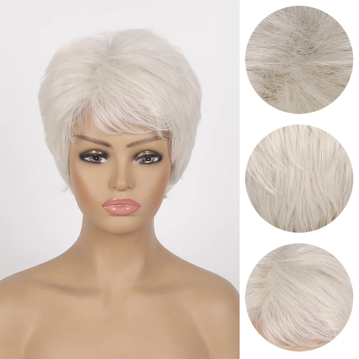 Short White Gold Synthetic Wig For Women Natural Wavy Curly Puffy Hair With Bangs Heat Resistan Fiber Cosplay Wigs