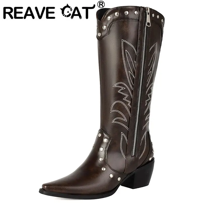 

REAVE CAT Female Western Boots Square Toe 5.6cm Chunky Heels Zipper Embroider Rivets Plus Size 41 42 43 Leisure Mid Calf Booties