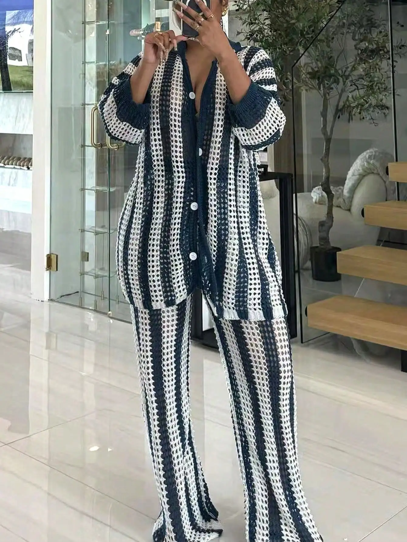 

Women's Summer 2-Piece Swimsuit Cover-Up Set - Crochet Knit Cardigan Tops & Long Pants for Vacation/Beach