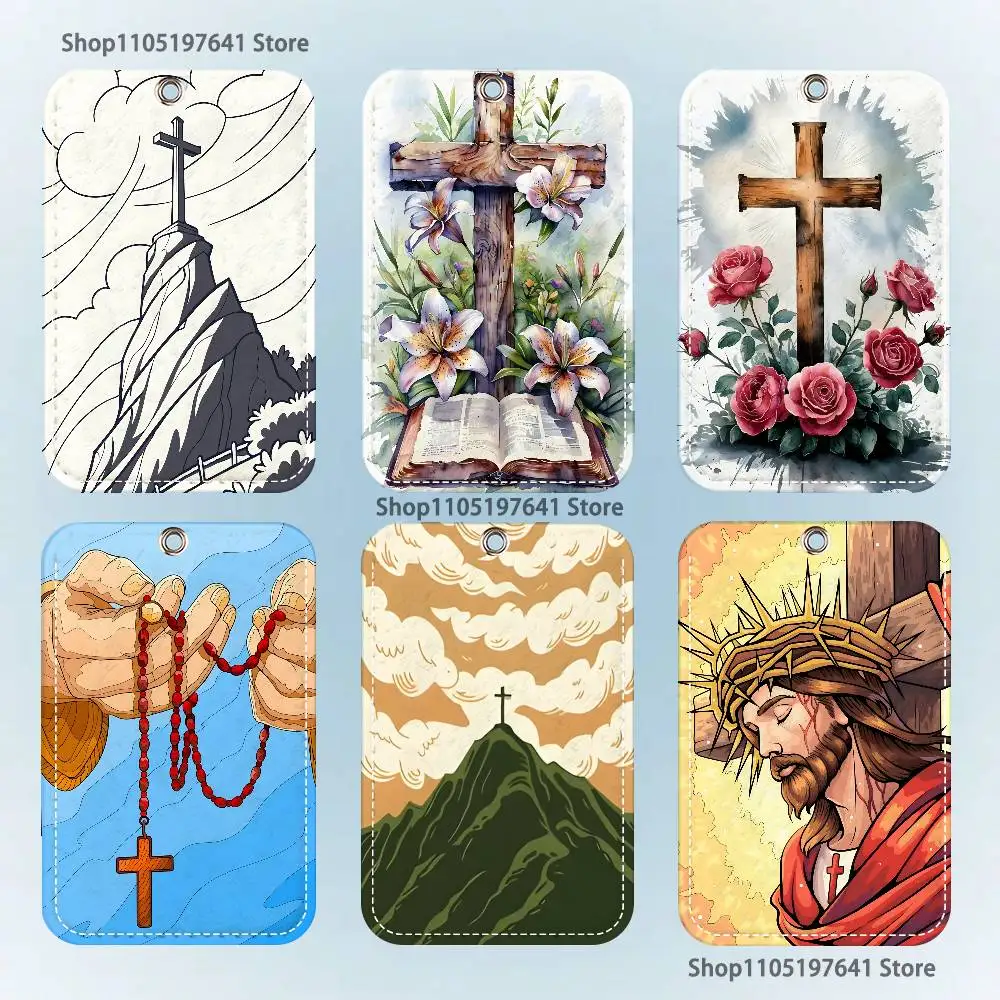 

Cross Bible Art Christian Pattern 1Pc PU Leather Card Holder Keychain Key Ring Door Lock Access Tags ID Card Case Keychain Card