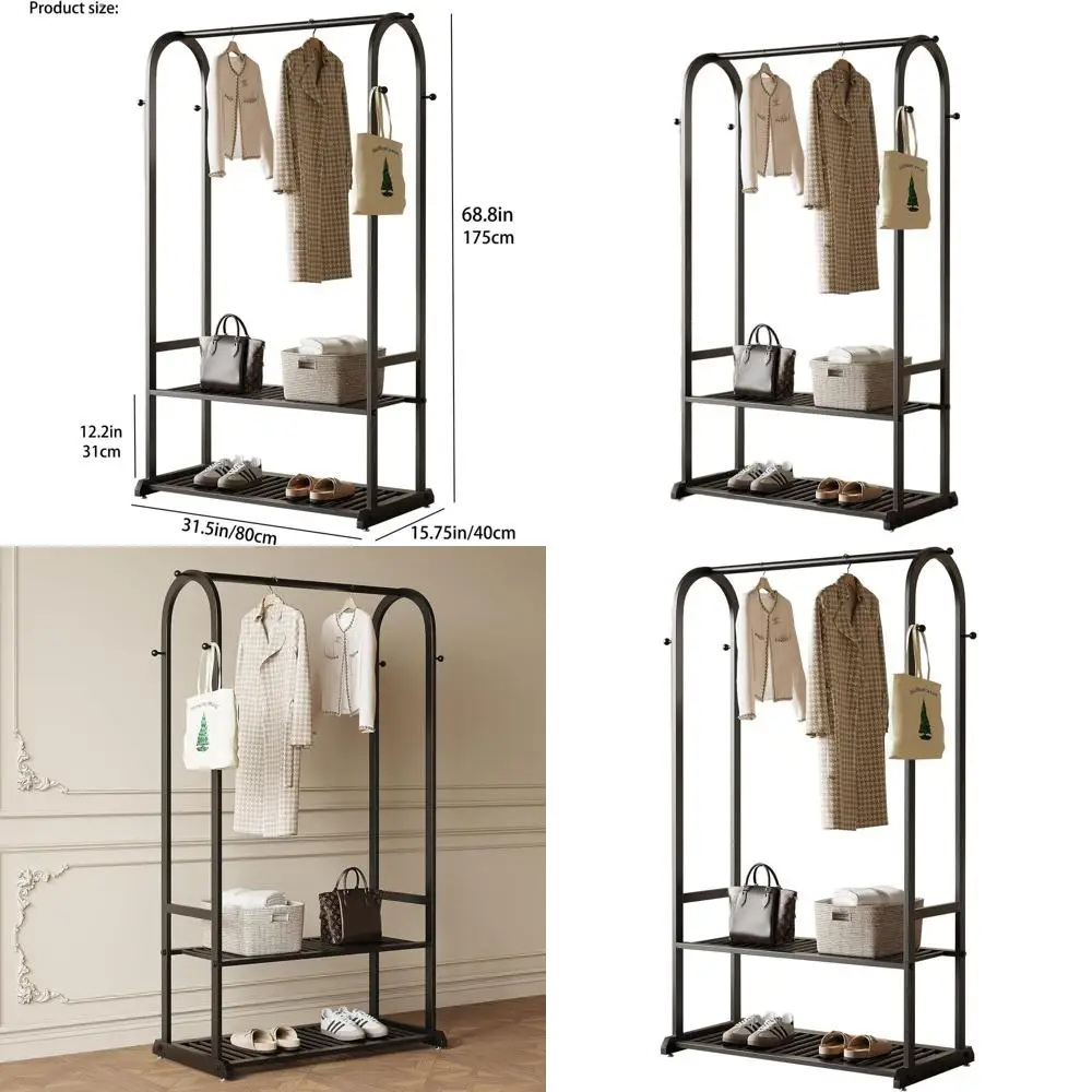 

Прочная металлическая вешалка для одежды с нижними полками и 6 крючками для хранения вещей в спальне (31,5 дюйма)