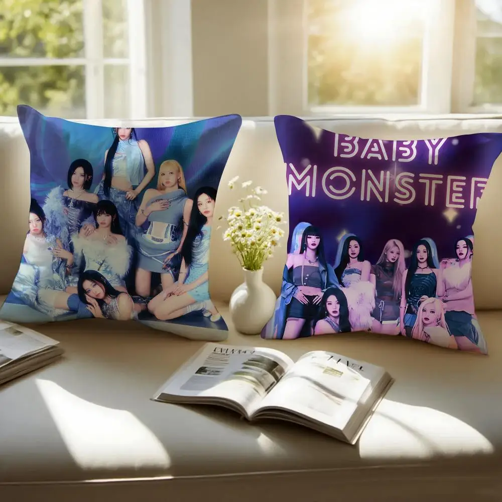 Kpop Girl Group B-Babymonster Cushion Cover Pillowcase Anti-dustmite Invisible Zipper Short Plush Sofa Cushion