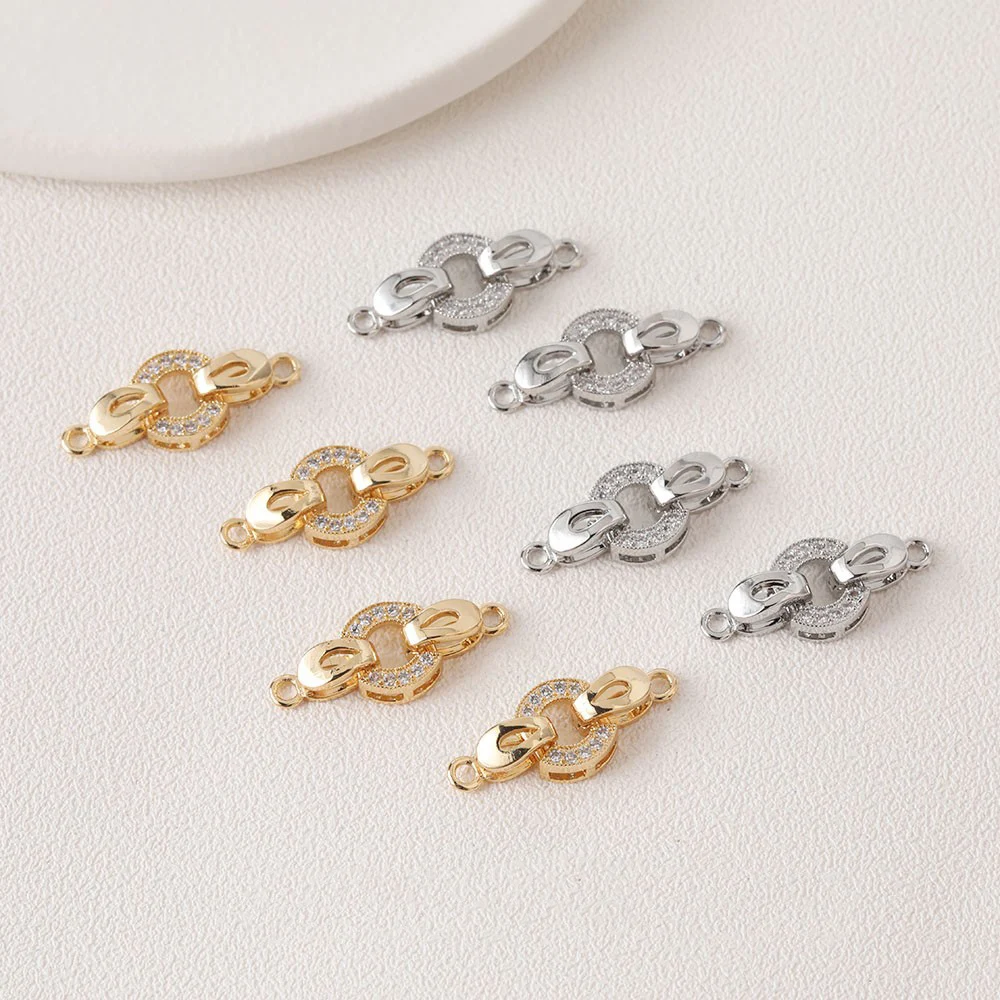 

2PCS 14k Gold Plated Double Clasp Inlaid Zircon Buckle Bracelet Connector Jewelry DIY Brass Making Supplies Accessories