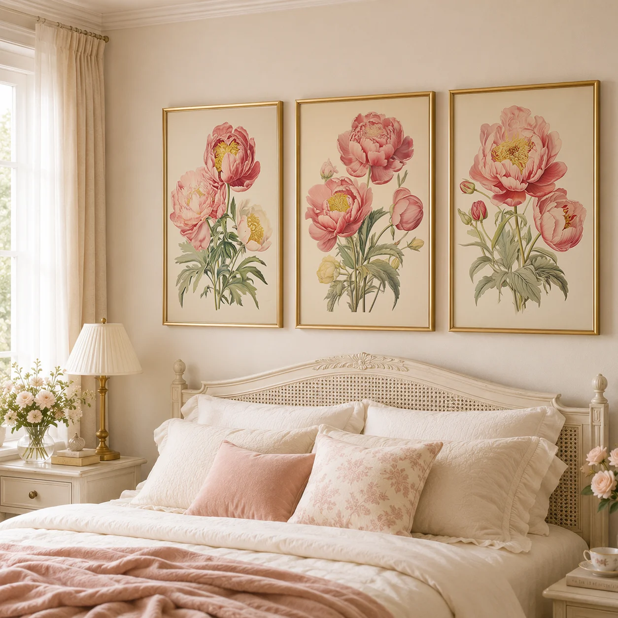 VintageWall Art, Botanical Peony Canvas Painting, Pink Floral Illustration Poster Print for Bedroom Living Room Wall Decor