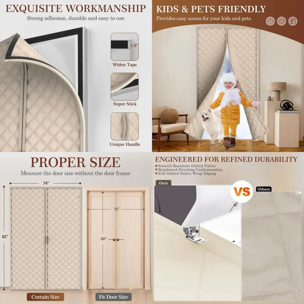 

Магнитная дверная занавеска с термоизоляцией, 74x82 дюйма, всепогодный хлопковый наполнитель для дверей 72x80, бежевый