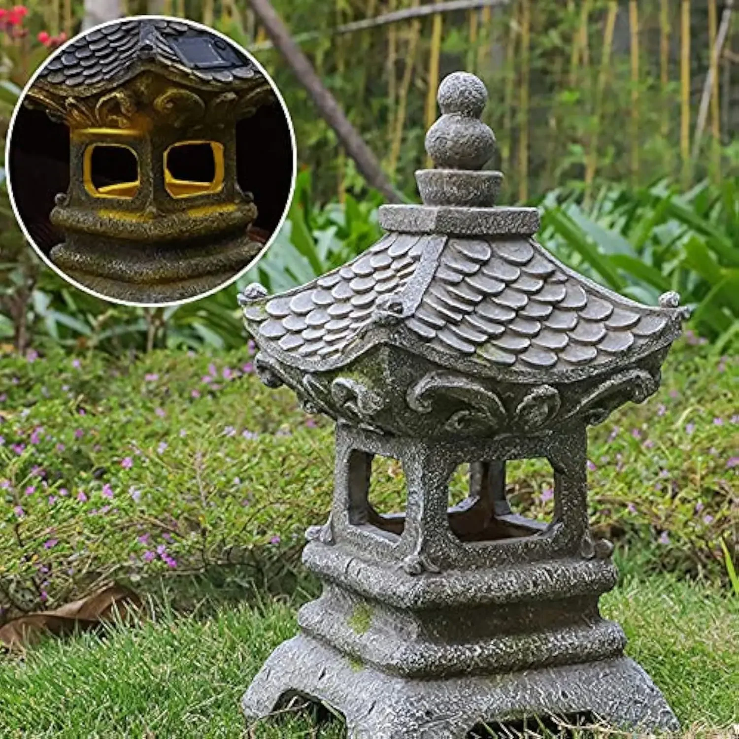 Estatua de pagoda solar asiática de 14 pulgadas, lámpara japonesa para exteriores, linterna para decoración de jardín y paisaje del hogar.