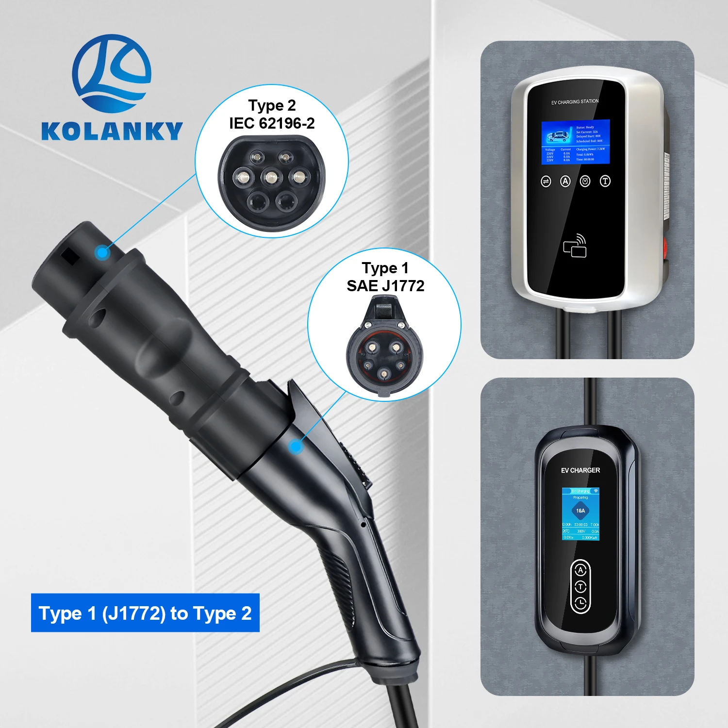 Kolanky 32A Type 1 To Type 2 EV Charger Adaptor For IEC 62169 Type 2 Male Socket EU Standard Electric Vehicle Hybrid Cars