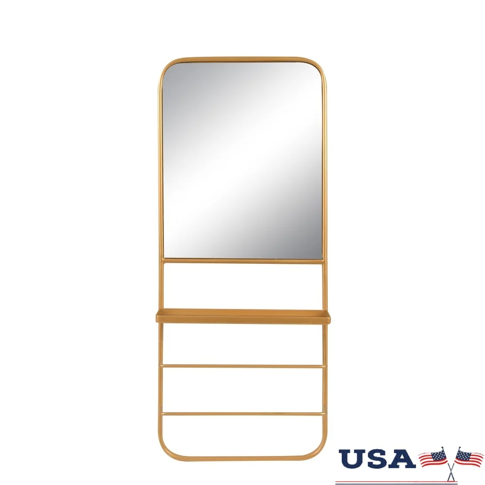 

Metal Framed Wall Mirror with Shelf and 2 Hanging Rods Stylish Decorative Mirror Entryway Bedroom Living Room Space Saving