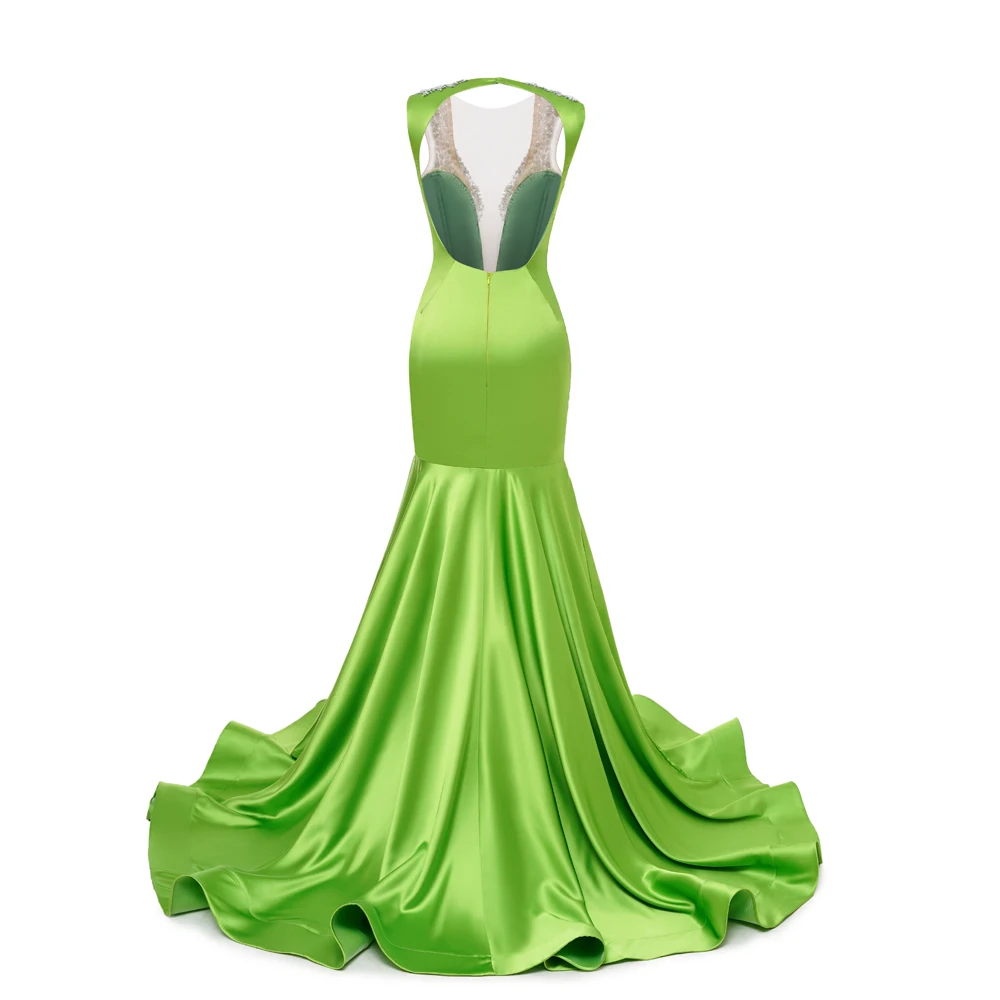 Sexy Deep V Neck Evening Dresses Women Backless Green Satin Beading Crystal Mermaid Formal Party Prom Gowns Vestidos De Fiesta