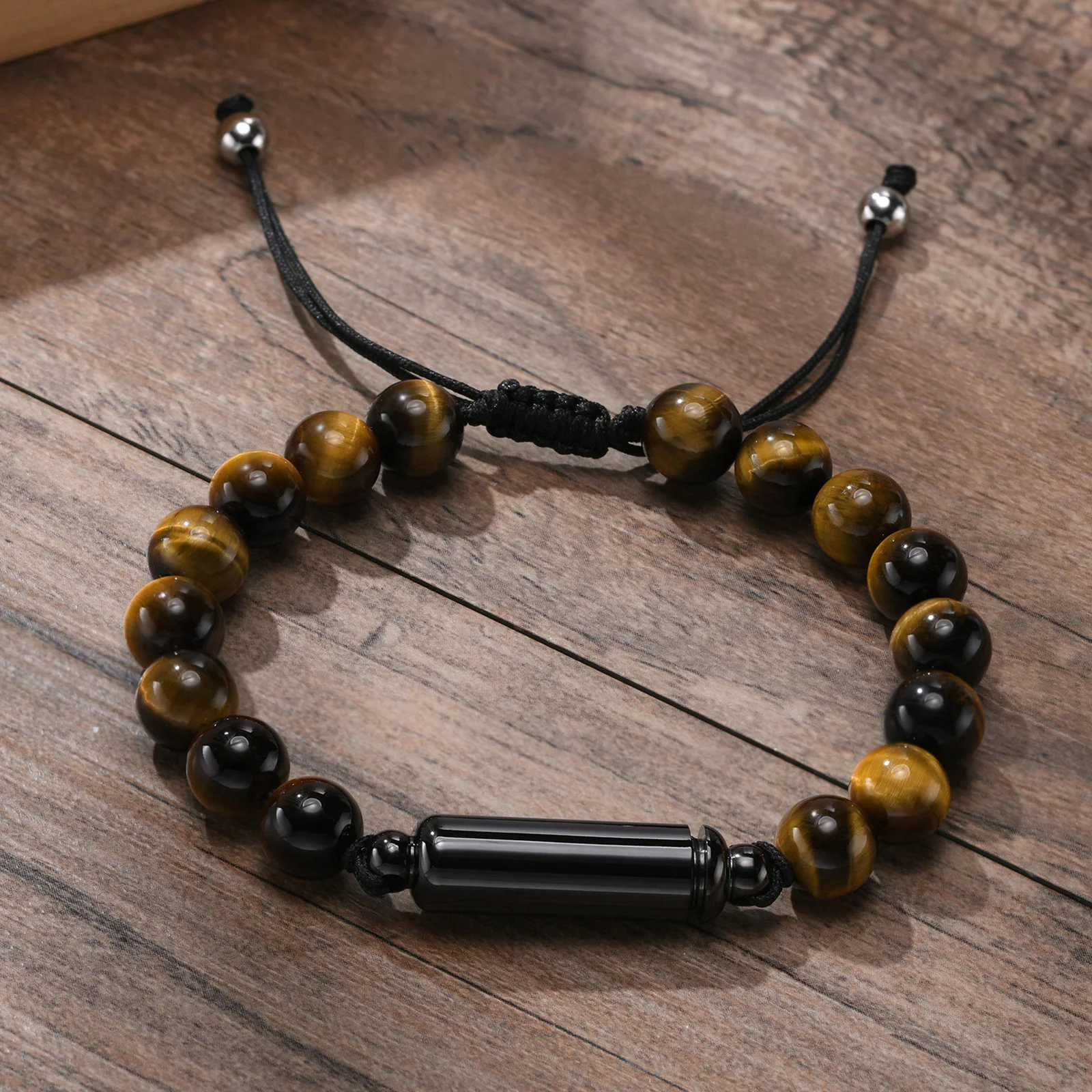 Cremation Urn Man Bracelets  Adjustable Tiger Eye Beads Chain Wristband Pet Family Papa Ashes Holder Stainless Steel Jewelry