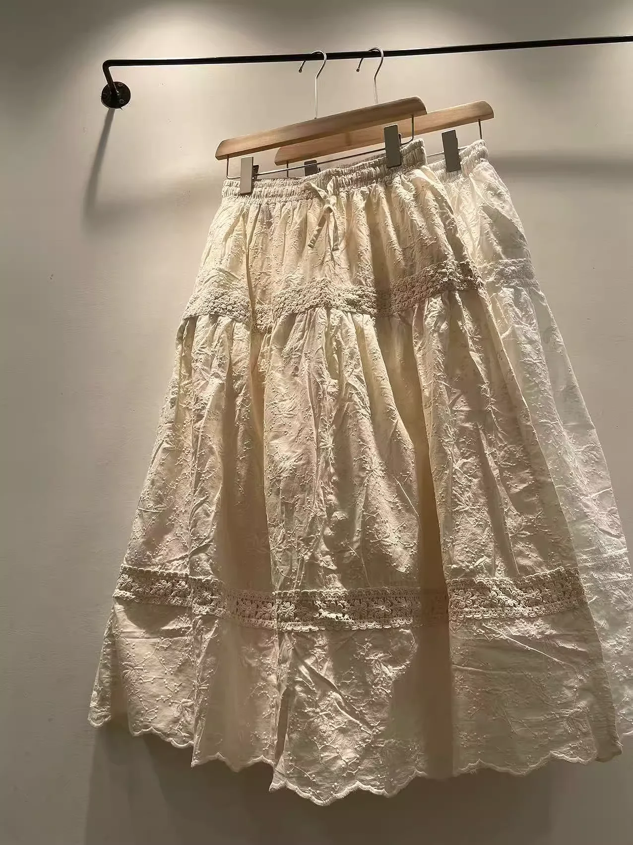 

100% Cotton white beige bohemiean skirt for women summer Japan style elastic waist lace embroider maxi skirts mori girl clothes