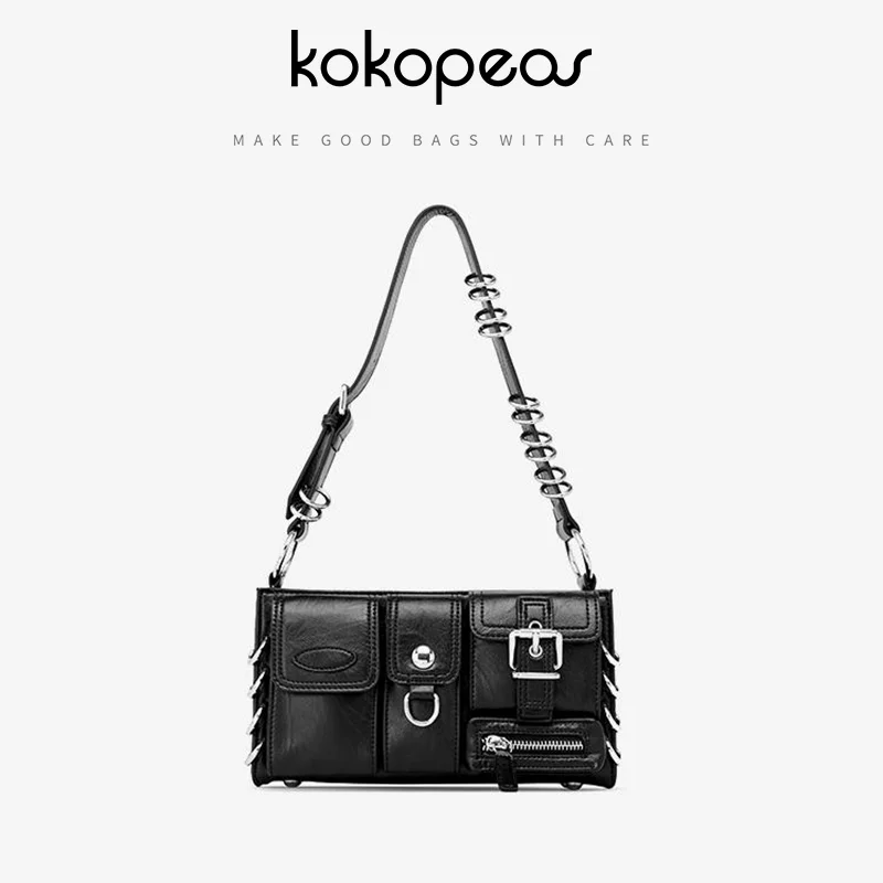 KOKOPEAS Locomotive Rivet Metal Circle Female Underarm Shoulder Purse Black Fashion y2k Multi Pockets Woman's Handbag Phone Bag